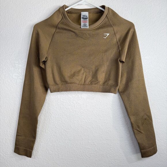 Gymshark Tops - Gymshark Adapt Fleck Seamless Long Sleeve Crop Top MEDIUM Mineral Light Brown